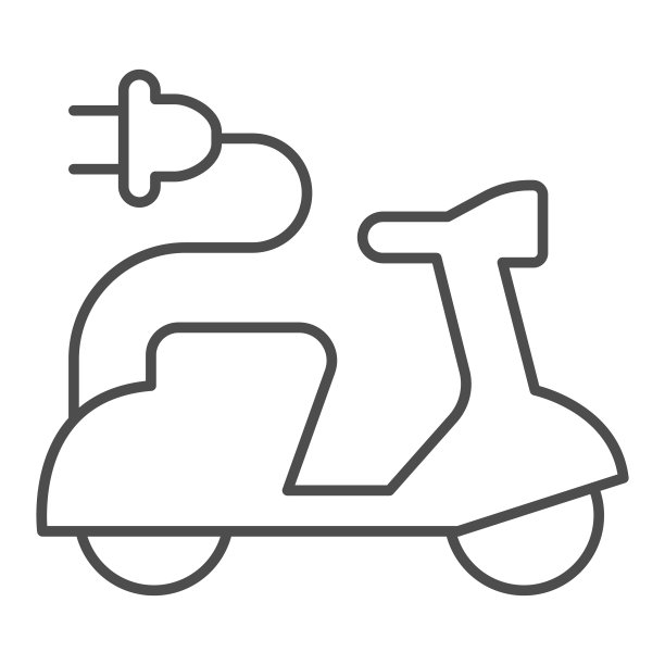 电动踏板车和电线与插头细线图标，电动汽车概念，电动车标志在白色背景，绿色交通符号在轮廓风格的移动和网页设计。矢量图形。图片下载