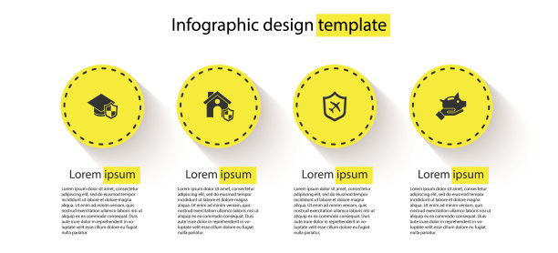 设置毕业帽与盾牌，房子，飞机和存钱罐。业务信息模板。向量图片下载