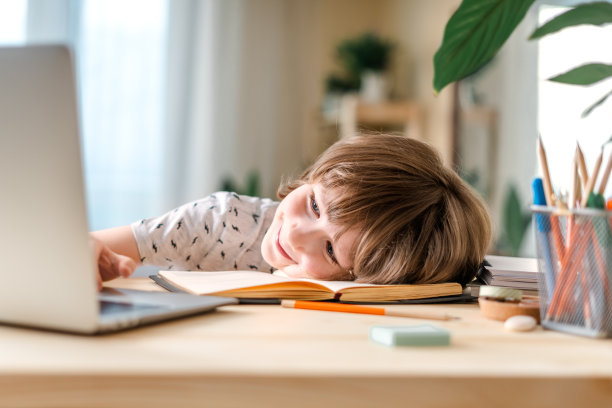 回到学校。男孩在家里用笔记本电脑图片下载