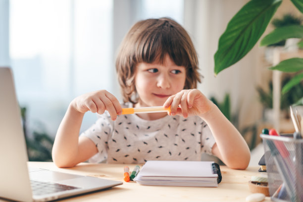 回到学校。男孩在家里用笔记本电脑图片下载