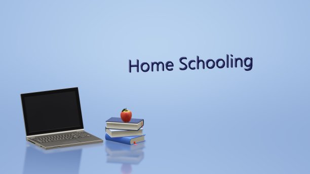 检疫家庭教育。笔记本，书，红苹果。家庭教育的旗帜。图片下载