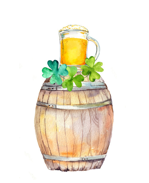 木桶，啤酒杯，四叶草。水彩桶与三叶草和喝泡沫。圣帕特里克节符号插图图片下载