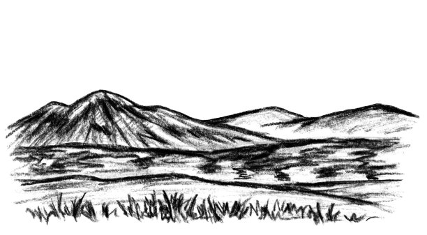 手绘黑白炭笔画。自然,景观。地平线上是山，山峦，前景是草。用于制卡、旅游、旅游。图片下载