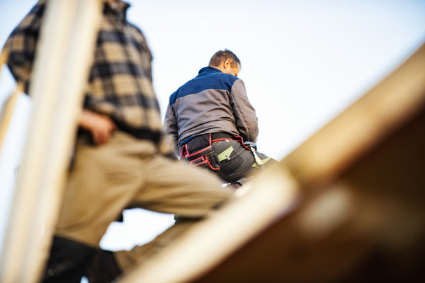 建筑工人们正在使用木制屋顶图片下载
