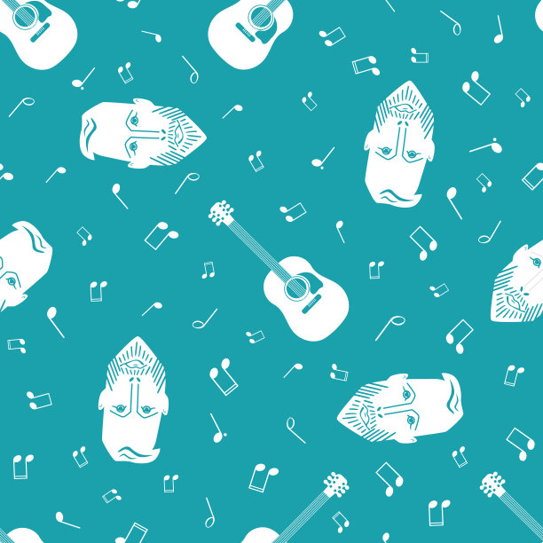 原声吉他，男性面孔，音乐音符向量无缝模式背景。弦乐器和注释，胡须男子背景。水蓝色白色重复音乐乐队或节日的概念图片下载