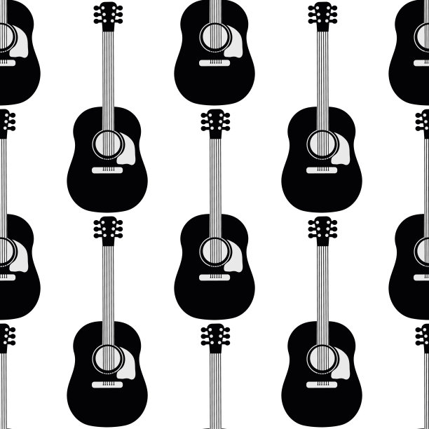 原声吉他矢量无缝模式背景。黑色和白色的弦乐器背景。高对比度单色设计。几何重复为音乐课或节日的概念图片下载
