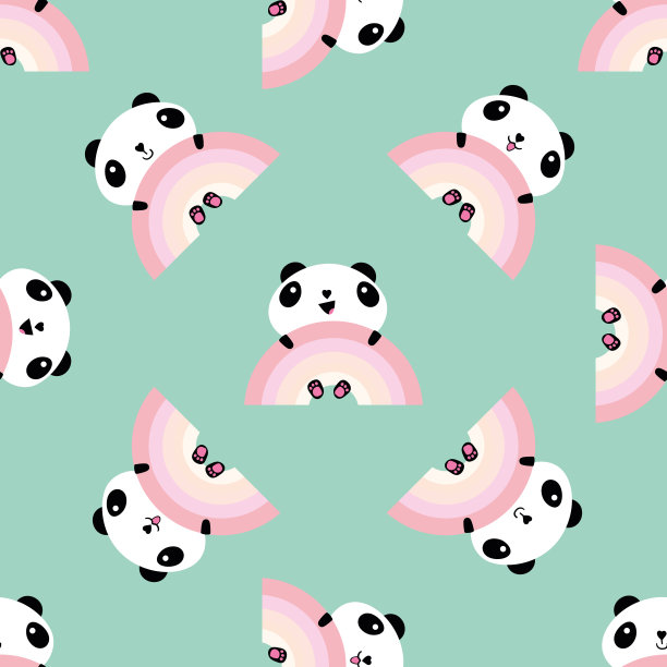 卡哇伊熊猫彩虹无缝矢量图案背景。背景与可爱的黑白坐卡通熊持有彩色彩虹。会笑的动物。全是给孩子看的图片下载