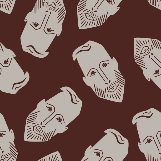 男性脸部无缝矢量图案背景。黑白棕色背景与手绘的一个时尚的胡须男子的头。高对比度的平面线条艺术和图形插图。重复时髦的概念图片下载