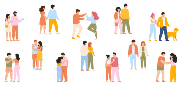 幸福夫妻散步。可爱的情侣在浪漫的约会中一起散步，年轻的情侣在相爱。可爱的夫妇字符矢量插图集图片下载