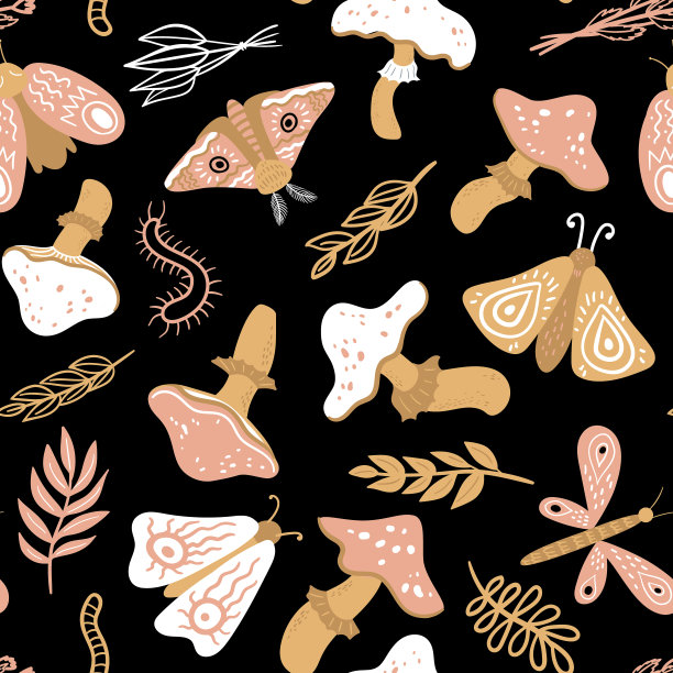 无缝模式蘑菇，树叶，蠕虫和飞蛾在黑色的背景。矢量涂鸦打印织物，纺织品，背景，壁纸，穿，布图片下载