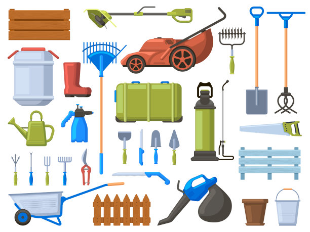 花园设备。农业园艺工作工具，割草机，铲，浇水设备和耙子。园艺仪器矢量插图集图片下载