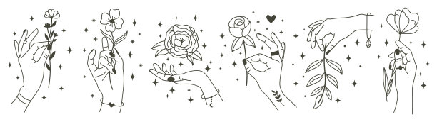 神奇的手捧着鲜花。极简主义的手和花，抽象的手绘花卉符号。现代神奇纹身元素矢量插图集图片下载