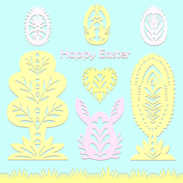 套剪纸节日符号假日春天复活节标志蛋，兔子，心，树在粉红色，黄色，灰色，蓝色。传统白俄罗斯，波兰剪报。手工制作的。向量图片下载