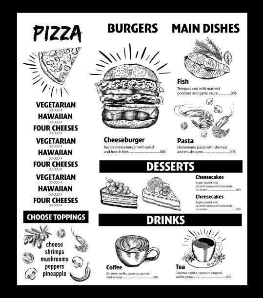 菜单咖啡厅餐厅设计模板。带有手绘图形的传单。图片下载