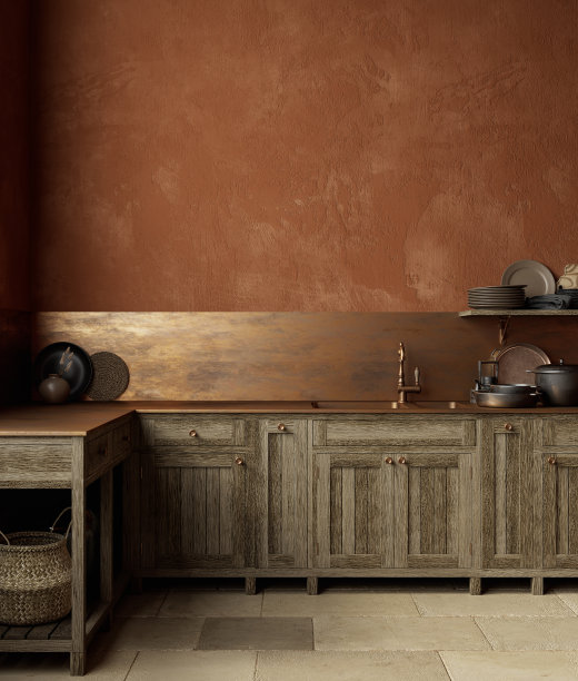 橙色棕色的厨房内部配备水池，家具，装饰和金属台面。3d渲染插图模拟。图片下载