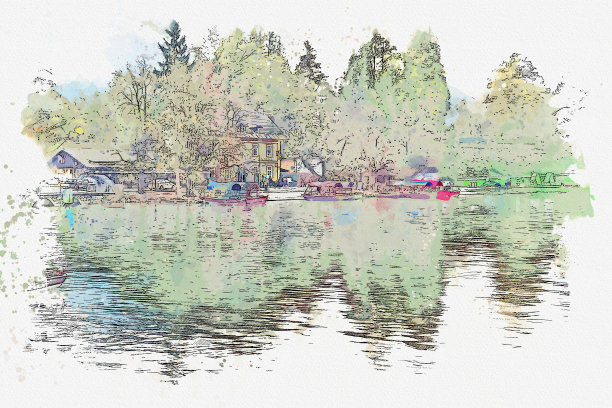 水彩画的风景风景湖在斯洛文尼亚著名的地标。图片下载