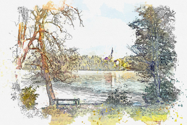 水彩画风景湖流血著名地标斯洛文尼亚。图片下载