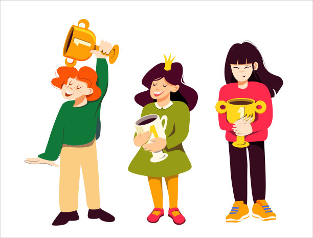 一组拿着杯子的女孩获胜。卡通矢量插图。概念都是赢家图片下载