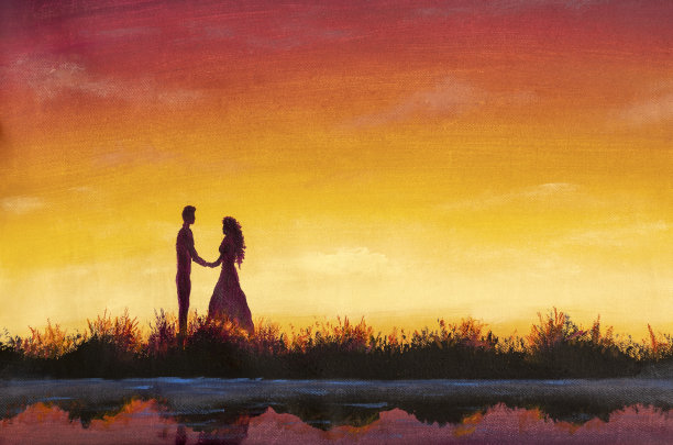 画与丙烯酸油情侣在日落破晓。一个可爱的男孩和一个女孩侧身站着的剪影。文本的空闲空间图片下载