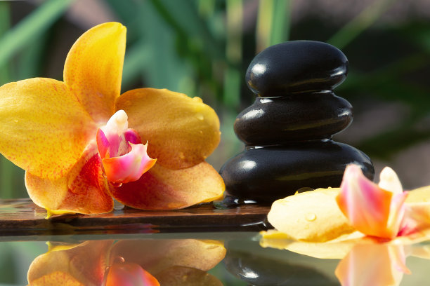 黑色的禅宗石和黄色的兰花放在水面的木板上。SPA、放松、冥想的概念图片下载
