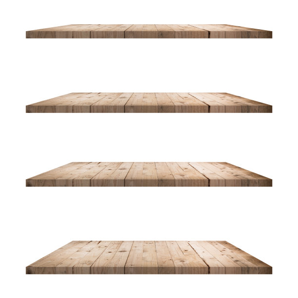 4木架桌子隔离在白色背景和显示蒙太奇产品。图片下载
