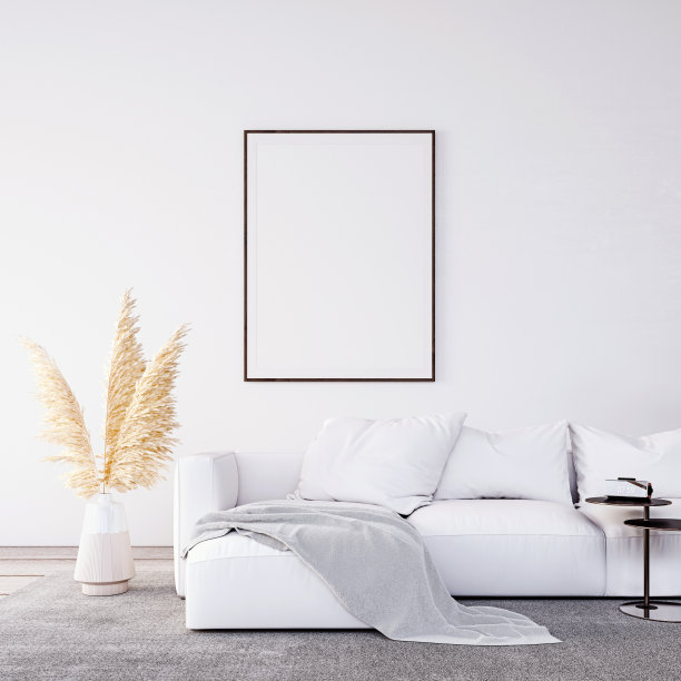现代白色室内设计与白色家具和空模拟画框图片下载