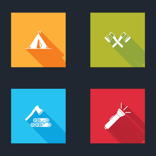 搭建带有旗帜交叉木斧的旅游帐篷图片下载