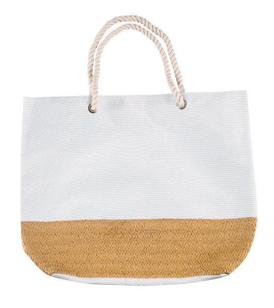 白色织物沙滩包柳条细节和绳处理图片下载