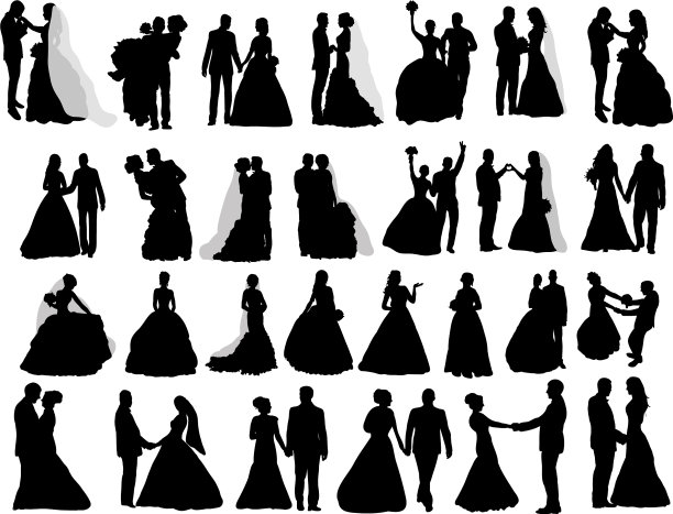 孤立剪影新娘和新郎一套图片下载