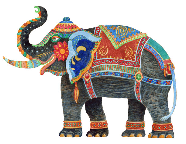 水彩画幻想华丽的印度大象孤立在白色的背景。彩色细线，民族饰品明亮的马具。t恤打印。蜡染颜料，马戏表演请柬图片下载