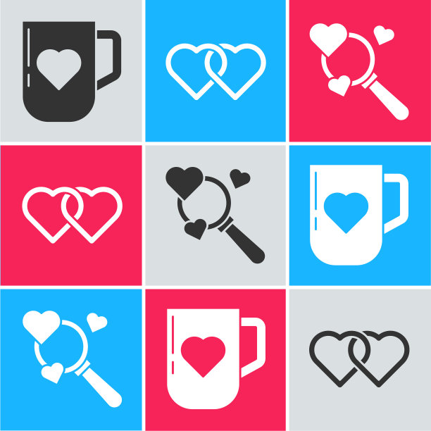 设咖啡杯和心两颗相连的心和图片下载