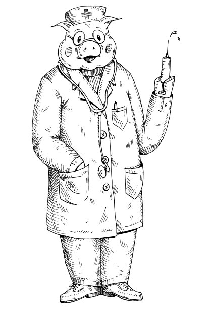 猪戴着医生帽，拿着注射器。颜色的雕刻图片下载