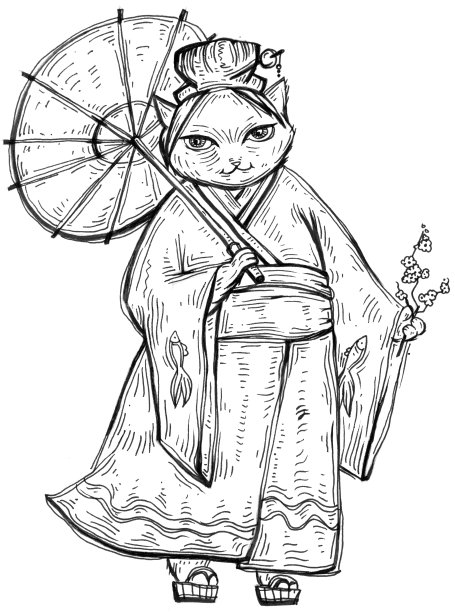 穿和服带伞的女人。彩色平面卡通插图。图片下载