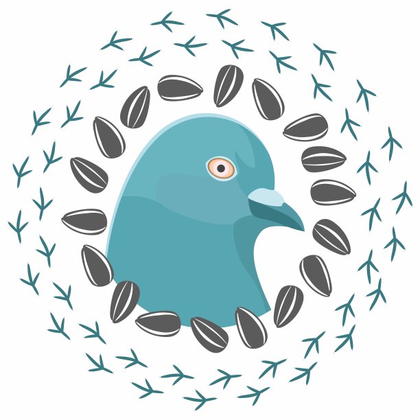 一只绿松石鸽子的头，在一圈种子和鸟脚印中。矢量鸽子孤立在白色背景。图片下载