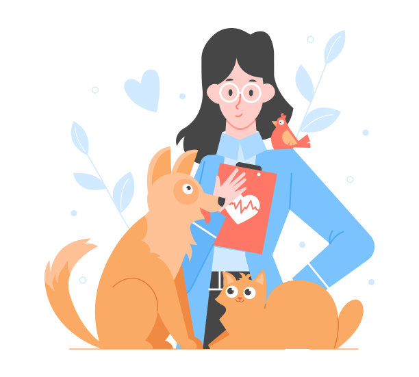 可爱友好的女孩兽医与动物。猫，狗和鸟。宠物的健康。矢量平面插图。图片下载