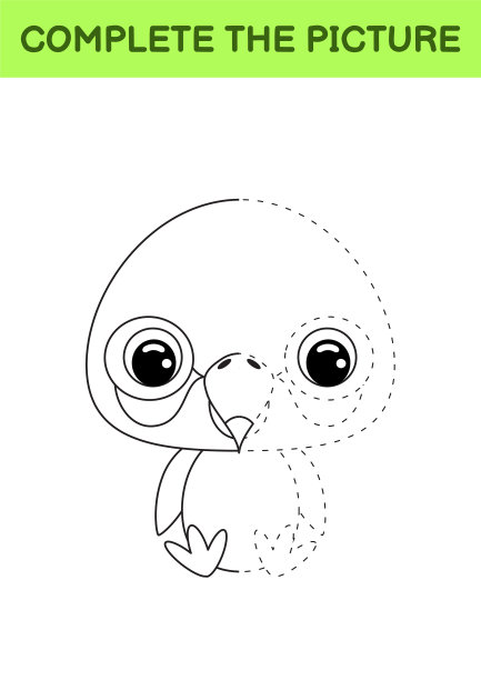 完整画的可爱巨嘴鸟。彩色的书。点复制游戏。书法练习，绘画技巧训练。教育开发可打印的工作表。活动页面。矢量插图。图片下载