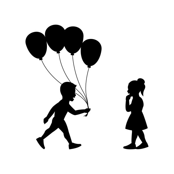 黑色剪影设计与孤立的白色背景男孩送女孩气球图片下载