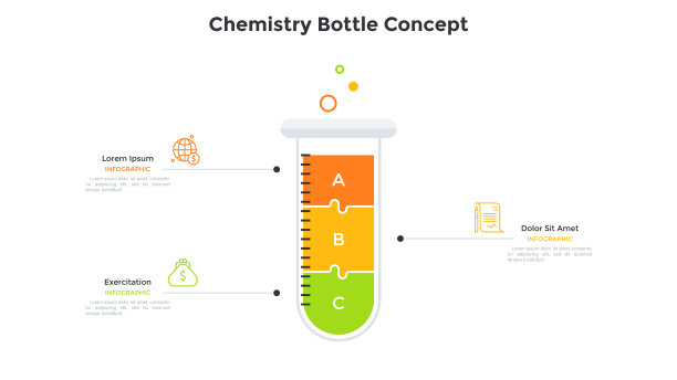 试管分成3块彩色的拼图。化学研究的三个阶段概念，实验室实验。最小信息图设计模板。现代平面矢量插图。图片下载