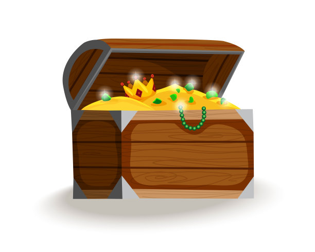 宝箱等距动画。木箱里装满了金币，珠宝和皇冠。珍贵的宝藏，水晶，宝石和金币在海盗的箱子。游戏用户界面插图图片下载