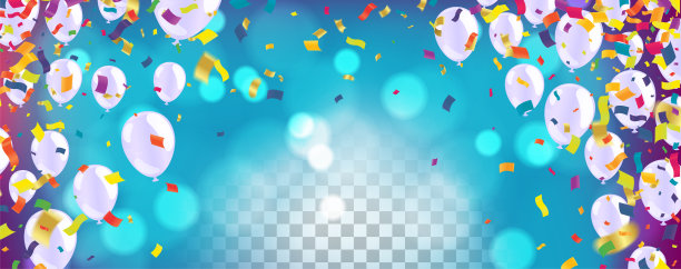 银色气球铺上生日背景装饰。气球，派对帽，金色的五彩纸屑图片下载
