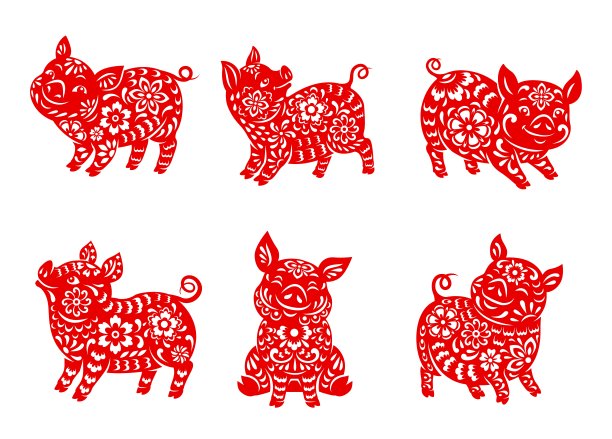中国生肖动物猪或公猪矢量图标集图片下载