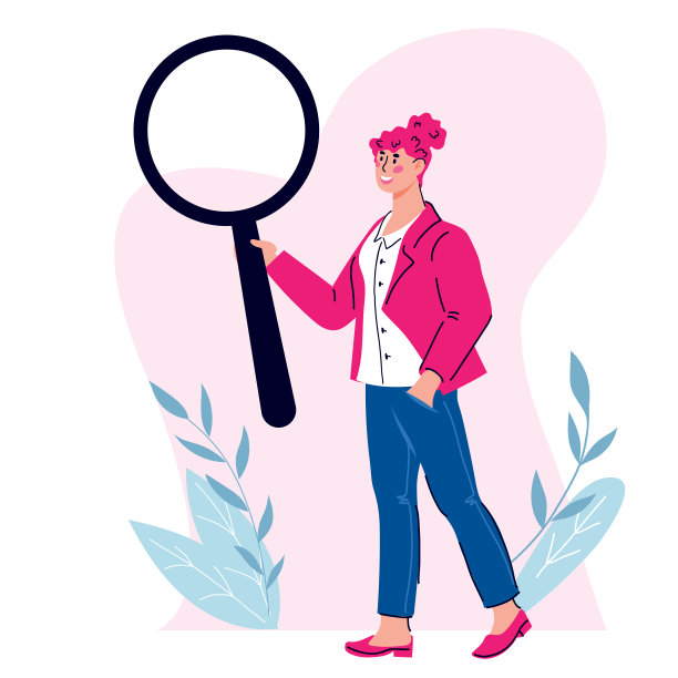 商务女性分析用巨大的放大镜在装饰背景下，卡通向量孤立。图片下载
