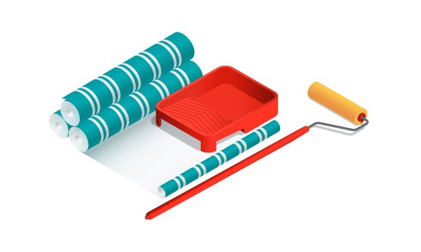 等距矢量插图油漆辊，油漆托盘和墙纸辊隔离在白色背景。逼真的彩色壁纸贴图标在平面卡通风格。改造和重建图片下载