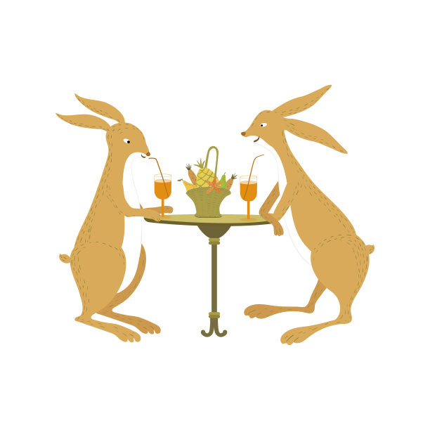 矢量场景与可爱的兔子，第一次约会，兔子喝鸡尾酒。仙女兔子的生活。野兔孤立在白色背景。图片下载