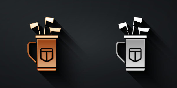 金色和银色高尔夫球袋与俱乐部图标孤立在黑色背景。长长的阴影风格。向量图片下载