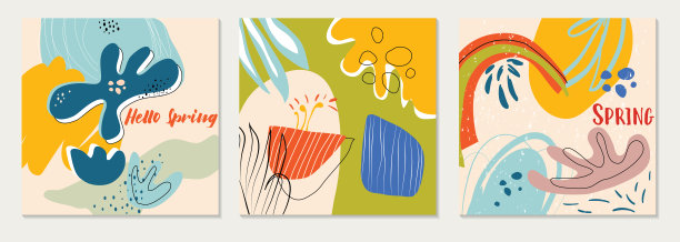 捆绑现代向量拼贴与手绘有机形状，纹理和图形元素。时髦的弹簧卡。图片下载