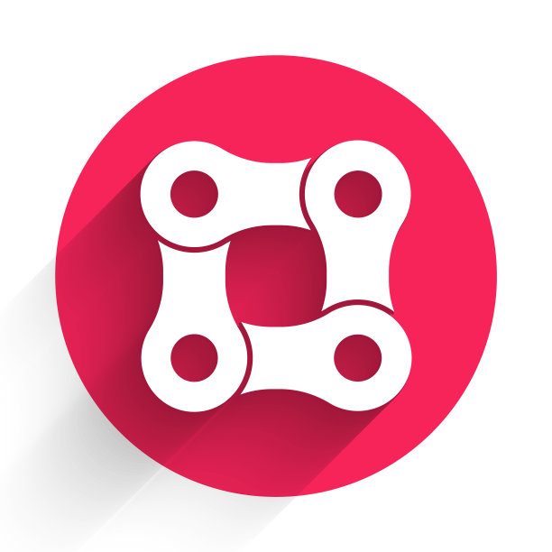 白色自行车链图标孤立与长影子。自行车链轮传动。红色圆圈按钮。向量图片下载