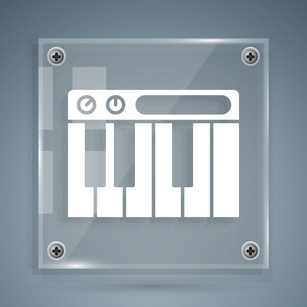 白色音乐合成器图标孤立在灰色背景。电子钢琴。方形玻璃面板。向量图片下载