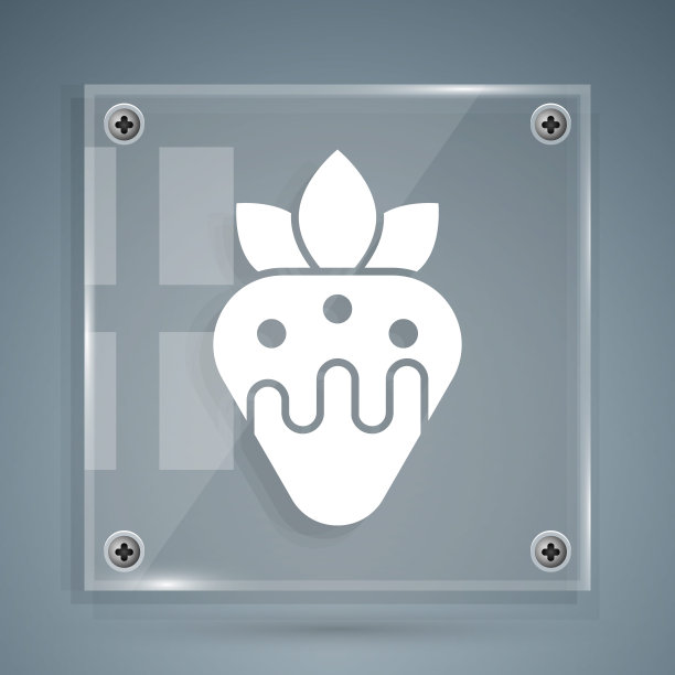 白色草莓在巧克力图标孤立在灰色背景。方形玻璃面板。向量图片下载