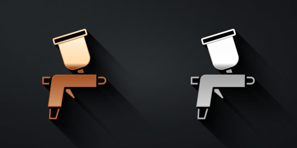 金色和银色喷漆枪图标隔离在黑色背景上。长长的阴影风格。向量图片下载